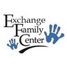 Logo of Exchange Family Center, it has the name of the organization and small blue children's hand prints