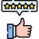 Color icon of a hand giving the thumbs up sign along with five stars in a dialogue bubble above the hand, indicating that a customer has given a business an excellent rating. This image heads up a section describing the rates and an overview of how Mike creates a customer success story. Customer success stories are a service of 4-Good Writing. 