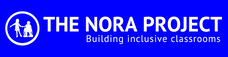 The logo of The Nora Project, it has a bold blue background with white lettering. On the left is a circled image of two kids playing, one abled one disabled. On the right is the name of the organization in all caps, below that and to the right is the tagline: 